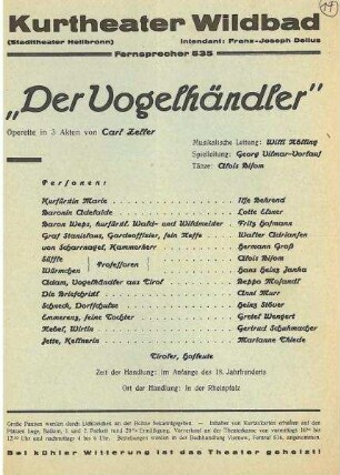 Programmzettel für die Operette "Der Vogelhändler" im Kurtheater Wildbad