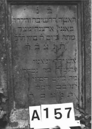 Grabstein 157 (Index: 100081994) Material: Sandstein Zustand: verwittert mit Textverlust Maße HxBxT: 146x63x44 cm Beschreibung: Stele, Sockel, Giebel, rechteckiges Schriftfeld eingetieft: Grabstein 157A