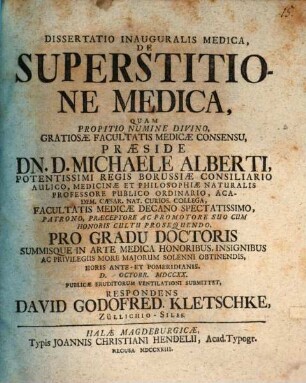 Dissertatio Inauguralis Medica, De Superstitione Medica