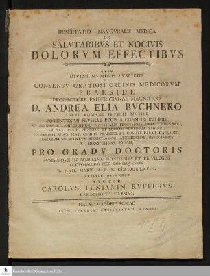 Dissertatio Inavgvralis Medica De Salvtaribvs Et Nocivis Dolorvm Effectibvs