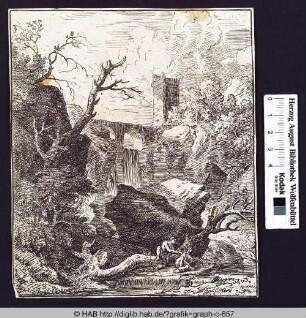 Aquädukt mit Wasserfall nahe eines Burgturmes