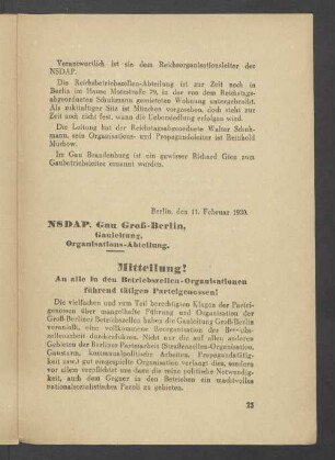 Mitteilung! An alle in den Betriebszellen-Organisationen führend tätigen Parteigenossen!