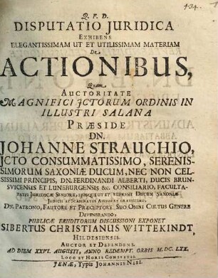 Disputatio Iuridica Exhibens Elegantissimam Ut Et Utilissimam Materiam De Actionibus