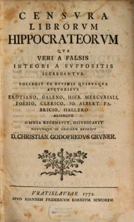 Censvra Librorvm Hippocrateorvm : Veri A Falsis Integri A Svppositis Segregantvr