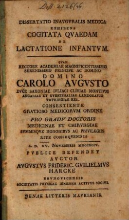 Diss. inaug. med. exhibens cogitata quaedam de lactatione infantum