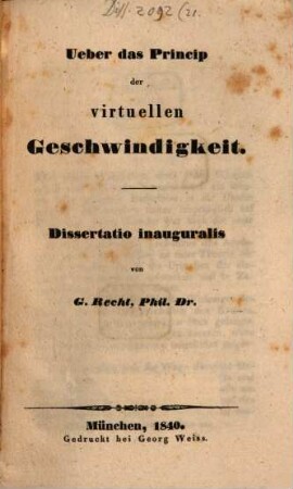 Über das Princip der virtuellen Geschwindigkeit : Diss. inaug.