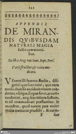 Appendix De Mirandis Quibusdam Naturali Magia factis operationibus