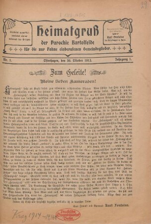 1.1915: Heimatgruß der Parochie Bartolfelde für die zur Fahne einberufenen Gemeindeglieder