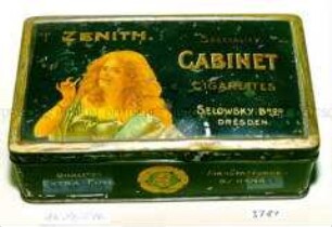 Blechdose für 100 Stück "ZENITH SPECIALITY: CABINET CIGARETTES SELOWSKY BROS DRESDEN" (Abbildung: Brustbild einer jungen Frau mit Zigarette)