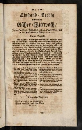 1-9, Einstand-Predig [...] Ascher-Mittwoch; Errata.