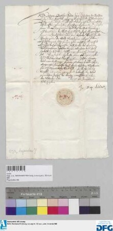 Dr. Johann Baptista Weber, Geheimer Rat und Reichsvizekanzler, stellt der Stadt Nürnberg Quittung aus über 440 fl. Stadtsteuer, die ihm Jobst Croy Bürger und Hofhandelsmann in Wien überbracht hatte.