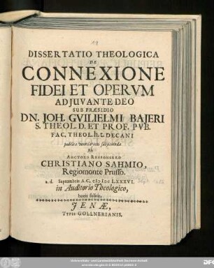 Dissertatio Theologica De Connexione Fidei Et Operum