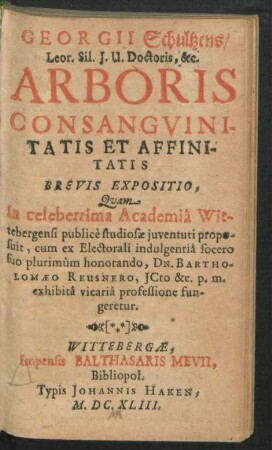 Georgii Schultzens ... Arboris Consanguinitatis Et Affinitatis Brevis Expositio : Quam In celeberrima Academiâ Wittebergensi publice studiosae iuventuti proposuit, cum ex Electorali indulgentia socero suo plurimum honorando, Dn. Bartholomaeo Reusnero ... exhibita vicariâ professione fungeretur