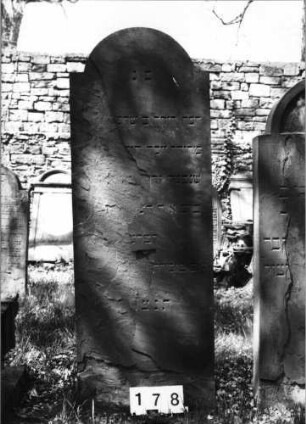 Grabstein 178 (Index: 99629679) Material: Sandstein Zustand: links abgeblättert/Textverlust Maße HxBxT: 165x58x6 cm Beschreibung: Stele mit eingezogenem Rundbogenabschluß Besonderheit: Zitat Psalm 90, 10: Grabstein 178