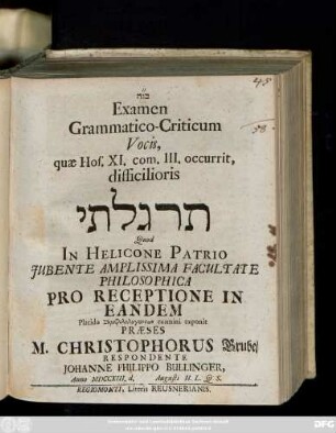 Examen Grammatico-Criticum Vocis, quæ Hos. XI. com. III. occurrit, difficilioris Tirgaltî