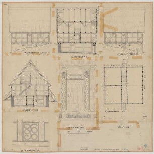 Titmaringhausen (Kreis Brilon): Hof Nr. 23 Frese. - Speicher (Grundriss, Nordwestansicht, Südostansicht, Schnitte). - Speichertür (Ansicht). - Kratzmuster am Speicher (Ansicht)