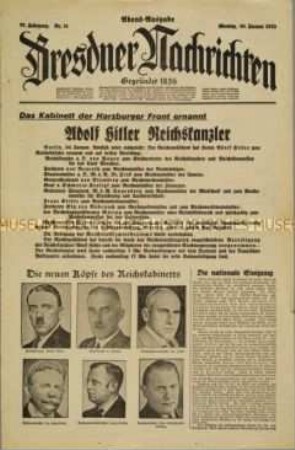 Titelblatt der "Dresdner Nachrichten" zur Ernennung von Hitler zum Reichskanzler