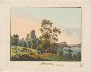 Das Schloss Siebeneichen, am südlichen Elbhang in Meißen im Stadtteil Siebeneichen, im Hintergrund der Burgberg mit dem Schloss von Meißen