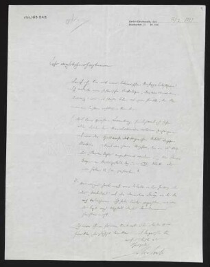 Brief von Julius Bab an Gerhart Hauptmann