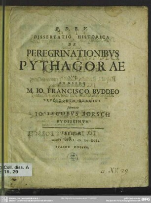 Dissertatio historica de peregrinationibus Pythagorae
