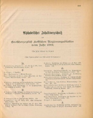 Alphabetisches Inhaltsverzeichniß des Großherzoglich Hessischen Regierungsblattes vom Jahr 1882