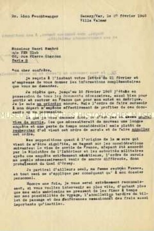 Handsignierter Brief von Lion Feuchtwanger an ein Mitglied des PEN-Clubs in Paris (in französischer Sprache)