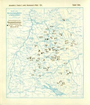 Tafel VIII: Karte von Württemberg, Baden und Hohenzollern: Ankunftsdaten des Hausrotschwanzes in Württemberg 1910