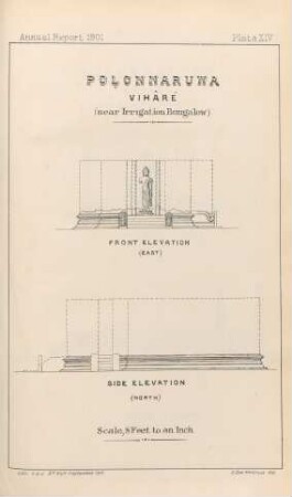 Plate XIV. Polonnaruwa. Vihâré (near Irrigation Bungalow). Front elevation (East). Side elevation (North)