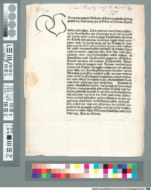 Von gottes genad[e]n Wilhelm un[d] Ludwig gebrüder Pfaltzgraven bey Rein Hertzogen in Obern un[d] Nydern Bayrn[n]. [U]nnsern grus ... unns kumen täglich ... warnungen ... zu, das der ... Türckh ... auf das Königreich Hungern ... ziehe ... Demnach ust unnser ... bevelch, das du dich ... Rüsstest