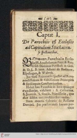 Caput I: De parochiis & ecclesiis ad Capitulum Stockacense spectantibus