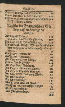 Register der Evangelischen Gesänge auff die Festtage der Heiligen.