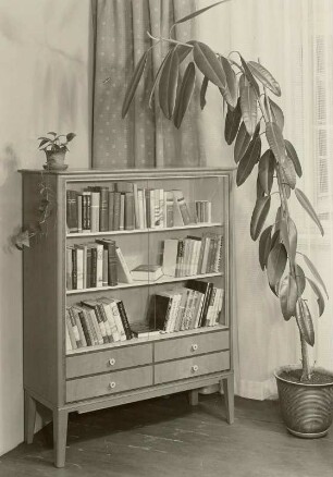 Kleiner Bücherschrank mit verglastem Regalteil und vier Schüben : Wohn- und Arbeitszimmermöbel (1956; Entwicklungsstelle Triebes) und Gummibaum in Ausstellungskoje