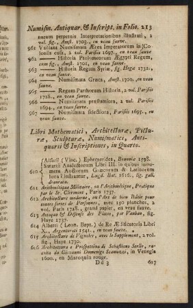 213-232, Libri Mathematici, Architecturae, Picturae, Sculpturae, Numismatici, Antiquarii & Inscriptiones, in Quarto