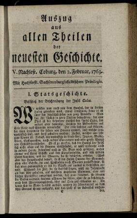 V. Nachlese. Coburg, den 2. Februar, 1763.