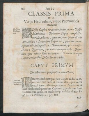 Classis Prima. De Variis Hydraulicis, atque Pneumaticis Machinis.