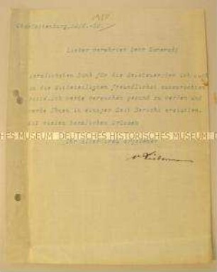 Brief von Max Liebermann von Sonnenberg an einen Kameraden