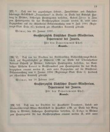 28. Ministerial-Bekanntmachung, betreffend Wechsel in der Hauptagentur der Norddeutschen Viehversicherungs-Gesellschaft auf Gegenseitigkeit zu Schwerin i/M.