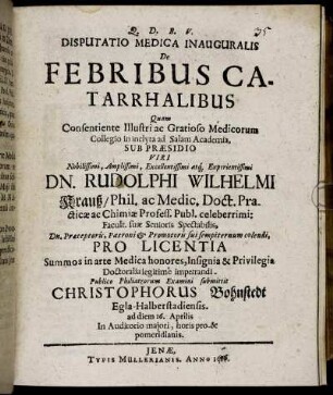 Disputatio Medica Inauguralis De Febribus Catarrhalibus