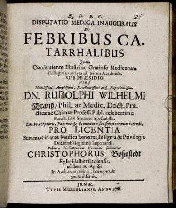 Disputatio Medica Inauguralis De Febribus Catarrhalibus
