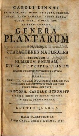 Caroli Linnæi Archiatr. Reg. Medic. et Botan. Profess. Upsal. Acad. ... Genera Plantarum : Eorumque Characteres Naturales Secundum Numerum, Figuram, Situm, Et Proportionem Omnium Fructificationis Partium Quae Novis LXX Celeb. Auctoris Generibus Sparsim Editis Locupletata, In Usum Auditorii Recudenda Curavit
