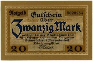 Geldschein / Notgeld, 20 Mark, 1.11.1918