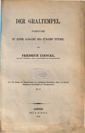 Der Graltempel : Vorstudie zu einer Ausgabe des Jüngern Titurel