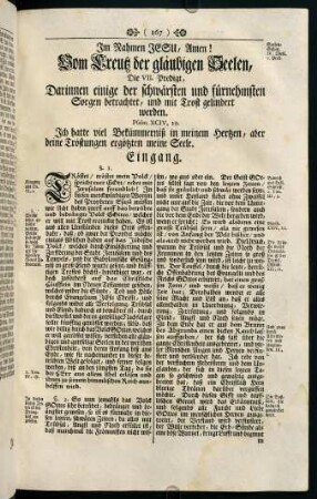 167-213, Die VII. Predigt, Darinnen einige der schwärsten und fürnehmsten Sorgen betrachtet, und mit Trost gelindert werden.