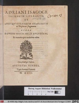 Adriani Isagoge Sacrarum Literarum, Et Antiquissimorum Graecorum in Prophetas fragmenta