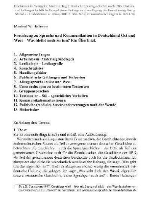 Forschung zu Sprache und Kommunikation in Deutschland Ost und West - Was bleibt noch zu tun? Ein Überblick