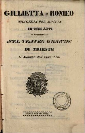 Giulietta e Romeo : Tragedia per musica in 3 atti