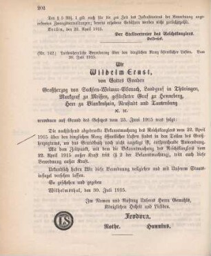 Nr. 142: Landesherrliche Verordnung über den dinglichen Rang öffentlicher Lasten