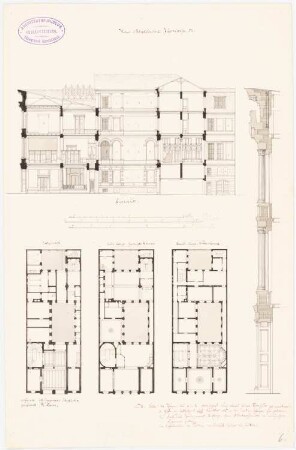 Wohn- und Geschäftshaus Mendelssohn & Co Jägerstraße 52, Berlin: Grundrisse EG, 1.OG, 2.OG, Schnitt, Fassadenprofil/-schnitt (mit Anweisungen für den Stecher)