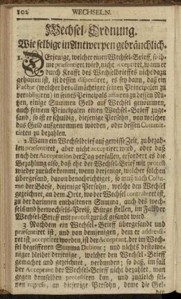 Wechsel-Ordnung. Wie selbige in Antwerpen gebräuchlich