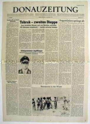 Deutsche Zeitung für den Balkan "Donauzeitung" u.a. zur Vernichtung von zwei britischen Kreuzern bei Tobruk